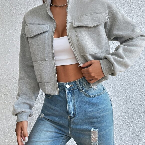 Grey Casual Womens Solid Zip Up Drop Shoulder Sweatshirt - Picture 3 of 5